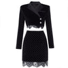 PB Chic Velvet Two Pieces Suit Polka Dot Long Sleeves Turn-down Collar Lace Splicing Celebrity Party Crop Tops Mini Skirt Set