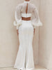 PB Chic White Two Pieces Suit Lantern Sleeves Stand Collar Celebrity Party Club Bandage Crop Tops Long Skirt Suit