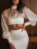 PB Chic White Two Pieces Suit Lantern Sleeves Stand Collar Celebrity Party Club Bandage Crop Tops Long Skirt Suit