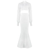PB Chic White Two Pieces Suit Lantern Sleeves Stand Collar Celebrity Party Club Bandage Crop Tops Long Skirt Suit