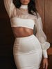 PB Chic White Two Pieces Suit Lantern Sleeves Stand Collar Celebrity Party Club Bandage Crop Tops Long Skirt Suit