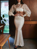 PB Chic White Two Pieces Suit Lantern Sleeves Stand Collar Celebrity Party Club Bandage Crop Tops Long Skirt Suit