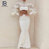 PB Chic White Two Pieces Suit Lantern Sleeves Stand Collar Celebrity Party Club Bandage Crop Tops Long Skirt Suit