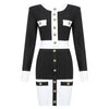 PB Trendy Color Block Two Pieces Suit Button Design Long Sleeves Celebrity Party Club Bandage Tops Skirt Suit