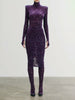 PB Stylish High Waist Purple Velvet Leopard Midi Dress High Neck Long Sleeves Celebrity Party Club