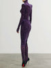 PB Stylish High Waist Purple Velvet Leopard Midi Dress High Neck Long Sleeves Celebrity Party Club