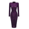 PB Stylish High Waist Purple Velvet Leopard Midi Dress High Neck Long Sleeves Celebrity Party Club