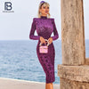 PB Stylish High Waist Purple Velvet Leopard Midi Dress High Neck Long Sleeves Celebrity Party Club
