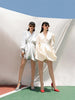 PB Trendy Beige Satin Two Pieces Suit Ruched Design Long Sleeves Turn-down Collar Celebrity Party Club Tops Mini Skirt Set
