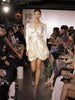 PB Trendy Beige Satin Two Pieces Suit Ruched Design Long Sleeves Turn-down Collar Celebrity Party Club Tops Mini Skirt Set