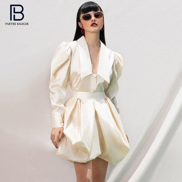 PB Trendy Beige Satin Two Pieces Suit Ruched Design Long Sleeves Turn-down Collar Celebrity Party Club Tops Mini Skirt Set
