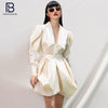 PB Trendy Beige Satin Two Pieces Suit Ruched Design Long Sleeves Turn-down Collar Celebrity Party Club Tops Mini Skirt Set