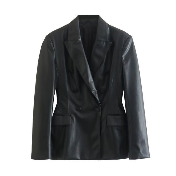 PB&ZA 2023 Autumn Women's Black Temperament All-match Imitation Leather Double-breasted Suit Jacket 3046573