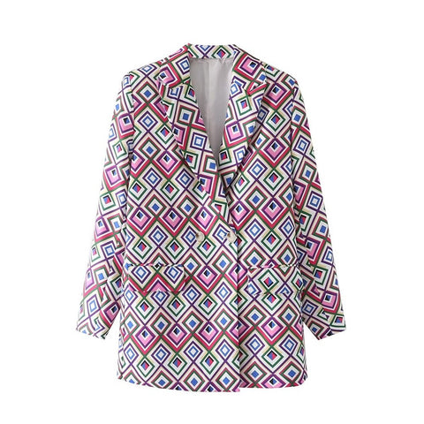 PB&ZA 2023 Autumn Women's High Street Geometric Print Lapel Long-sleeved Flap Pocket Casual Blazer