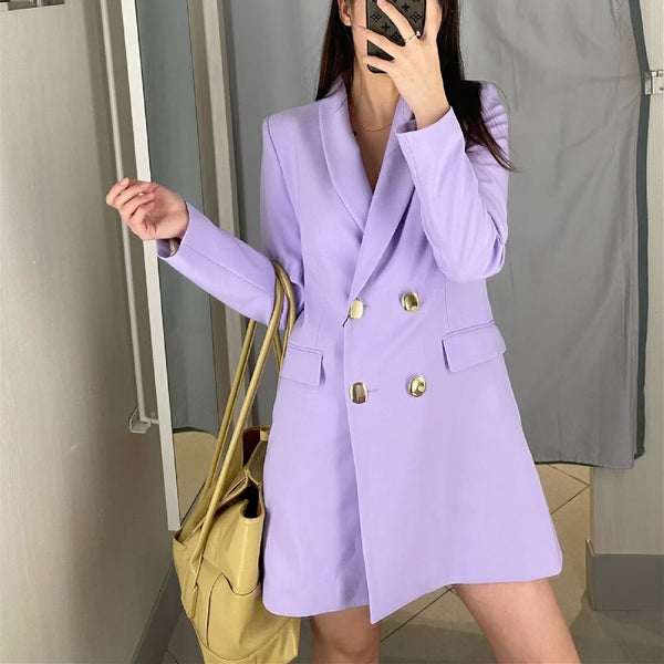 PB&ZA 2023 Autumn Women's Korean Version of the Flap Pocket Double Breasted Slim Fit Mid-length Suit Jacket 7764295