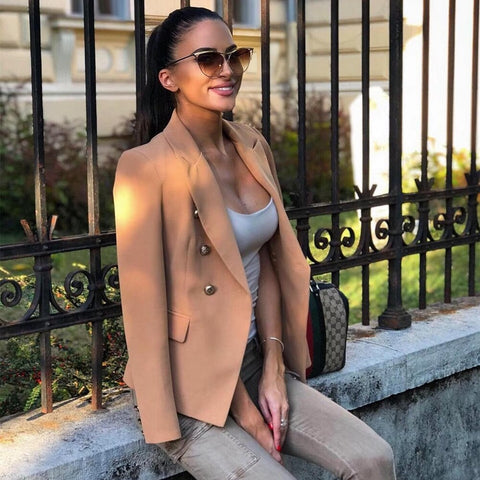 PB&ZA 2023 Autumn Women's Solid Color Casual Commuter Lapel Long-sleeved Double-breasted Decorative Suit Jacket Women