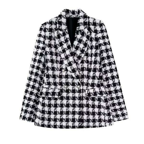 PB&ZA 2023 Autumn and Winter Women's Retro Casual Commuter Lapel Long-sleeved Button-trimmed Plaid Suit Jacket 3046251