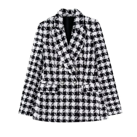 PB&ZA 2023 Autumn and Winter Women's Retro Casual Commuter Lapel Long-sleeved Button-trimmed Plaid Suit Jacket 3046251