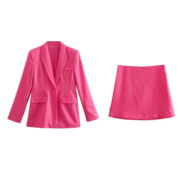 PB&ZA 2023 Summer Women's Pockets Trim Fit Suit Jacket High Waist Skirt Elegant Commuter Two-piece Set 3414500