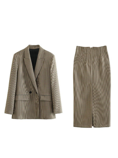 PB&ZA 8750331 Women 2023 Double Breasted Check Blazer Coat Vintage Long Sleeve Pockets Female Outerwear 8750/331