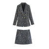 PB&ZA Women's 2023 Double Breasted Slim Fit Lady Solid Blazer Retro Casual Female Chic Jacket+Mid Waist Skirt Suit