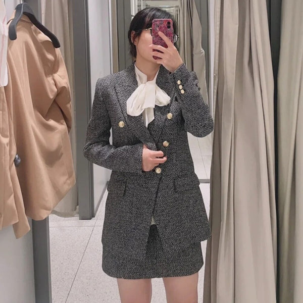 PB&ZA Women's 2023 Double Breasted Slim Fit Lady Solid Blazer Retro Casual Female Chic Jacket+Mid Waist Skirt Suit