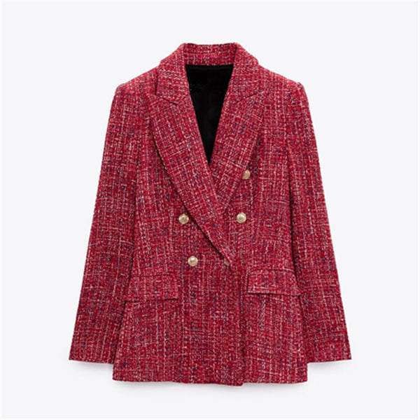 PB&ZA autumn and winter women's wear retro commuter lapel long-sleeved pockets textured double-breasted blazer 7553/749