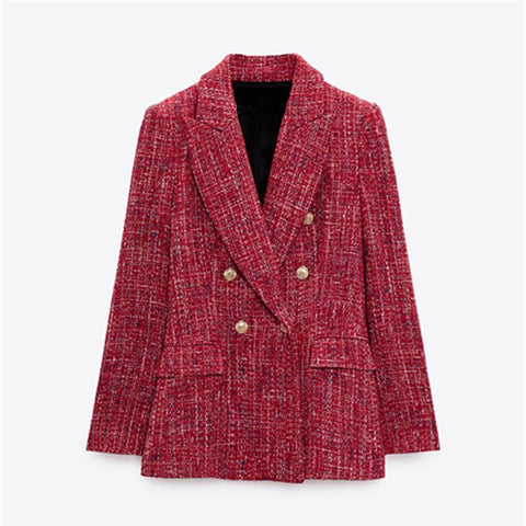 PB&ZA autumn and winter women's wear retro commuter lapel long-sleeved pockets textured double-breasted blazer 7553/749