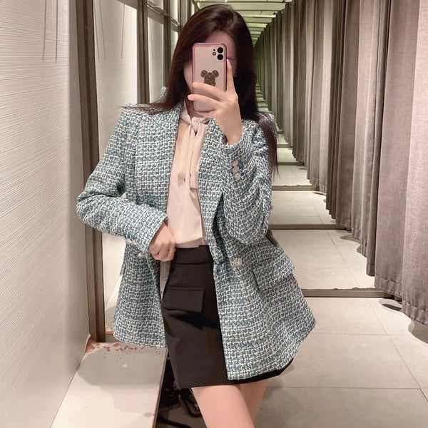 PB & ZA2023 Spring and Autumn women's clothing elegant commuting Plaid texture double-breasted casual suit jacket