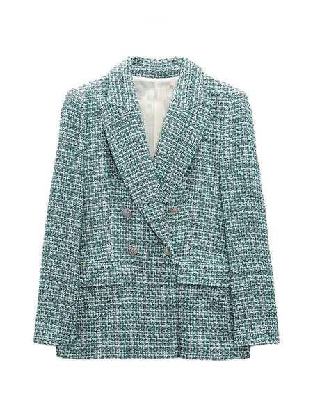 PB&ZA2324140Women 2023 Spring Double Breasted Textures Blazer Coat Vintage Long Sleeve Pockets Outerwear Chic2324/140