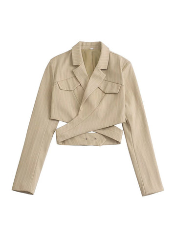 PB&ZAWomen 2023 spring back Button Cropped Blazer Coat Vintage Long Sleeve Female Outerwear Chic  Femme