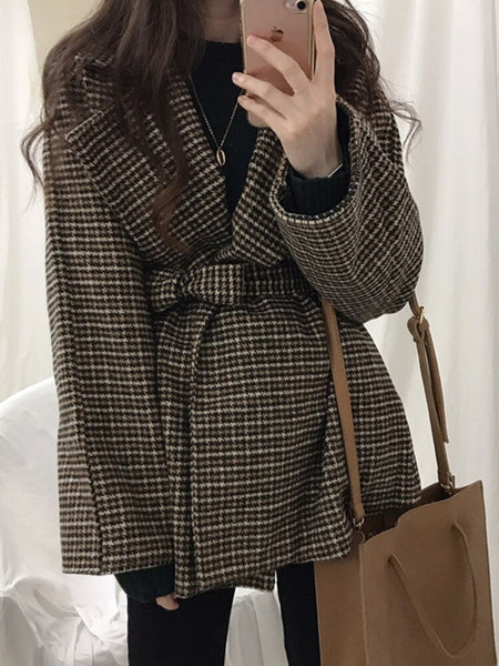 PEONFLY  2022 Autumn Winter Thick Houndstooth Plaid Tweed Women Blazer Korean Style Black Suit Jacket Female Long Sleeve Coat