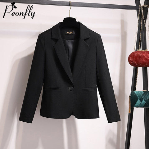 PEONFLY 2023 Women Solid Color Black Blazer Jacket Casual Long Sleeve Loose Coat Office Lady Single Button Blazer