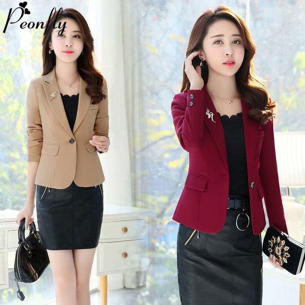 PEONFLY Women Blazer 2023 Casual Office Lady Work Pockets Jackets Coat Slim Korean Style Solid Women Blazer Femme Jacket