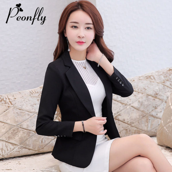 PEONFLY Women Elegant Long Sleeve Single Button Blazer Jacket Casual Solid Female Lady Office Blazer Outwear Coat Black
