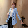 PEONFLY 2022 Spring Casual Double Breasted Women Jackets Notched Collar Blazer Female Outerwear Elegant Ladies Coat Blue
