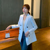 PEONFLY 2022 Spring Casual Double Breasted Women Jackets Notched Collar Blazer Female Outerwear Elegant Ladies Coat Blue