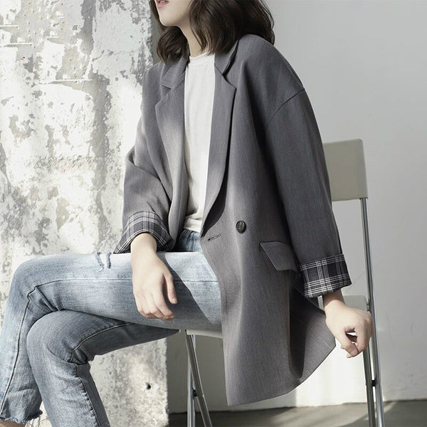 PEONFLY Grey Check Cuffs Blazer Coat Autumn Office Lady Ladies Slim Buttons Long Loose Coat Formal Casual Outerwear