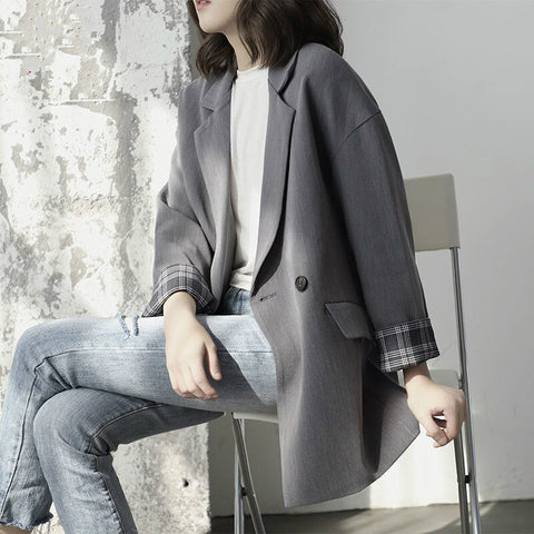 PEONFLY Grey Check Cuffs Blazer Coat Autumn Office Lady Ladies Slim Buttons Long Loose Coat Formal Casual Outerwear