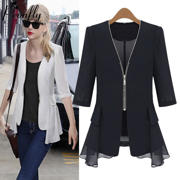 PEONFLY Plus Size Chiffon Ruffled Solid Blazers Jacket Half Sleeve Women Patchwork Jackets Short 2022 Spring Korean Slim Coat