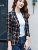 PEONFLY Vintage Casual Plaid Blazer Women Single Button Office Ladies Jacket Coat Notched Collar Long Sleeve Jacket 2023