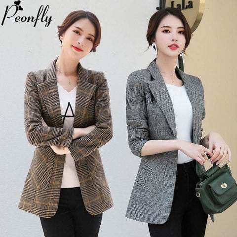 PEONFLY Vintage Office Lady Notched Collar Plaid Women Blazer Single Button Autumn Jacket 2023 Casual Pockets Female Suits Coat