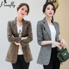 PEONFLY Vintage Office Lady Notched Collar Plaid Women Blazer Single Button Autumn Jacket 2023 Casual Pockets Female Suits Coat