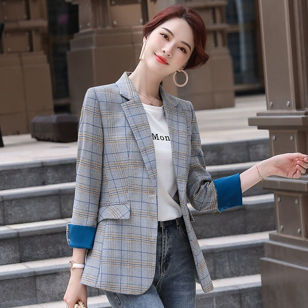 PEONFLY Vintage Plaid Printed Blazer Women Casual Single Button Office Lady Coat Notched Long Sleeve Chaqueta Mujer