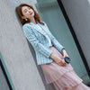 PEONFLY Women Elegant Plaid Blazer Long Sleeve Single Button Slim Checked Coat Formal Office Work Jacket Outerwear Pink Blue