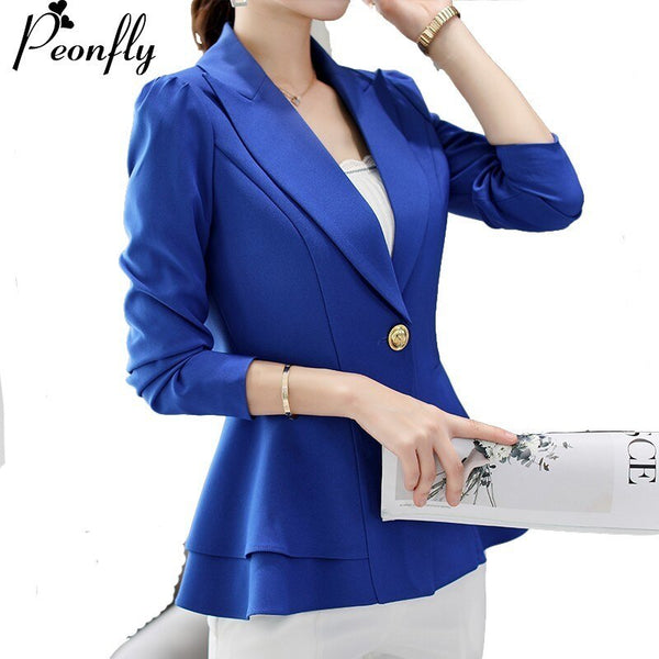 PEONFLY Women Business Formal Suits Work Coat Elegant Ruffle Blue White Black Jacket Office Peplum Blazer
