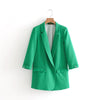 women elegant pink blue green blazer pockets Notched collar three quarter sleeve outerwear office casual tops