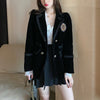 PERHAPS U Black Notch Collar Blazer Long Sleeve Double-breasted Pocket Loose Velvet C0536