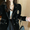 PERHAPS U Black Notch Collar Blazer Long Sleeve Double-breasted Pocket Loose Velvet C0536