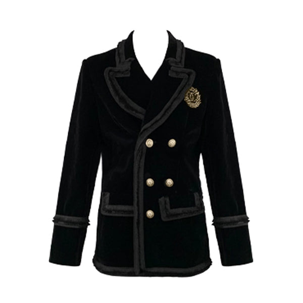 PERHAPS U Black Notch Collar Blazer Long Sleeve Double-breasted Pocket Loose Velvet C0536